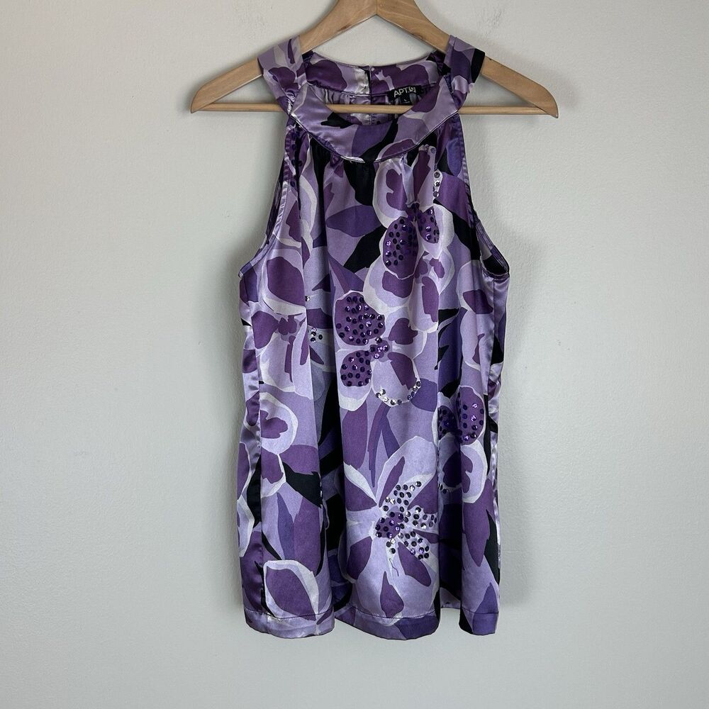 Apt.9 Tank Top Y2K Blouse Women’s L Purple Multicolor Floral Sequin Halter